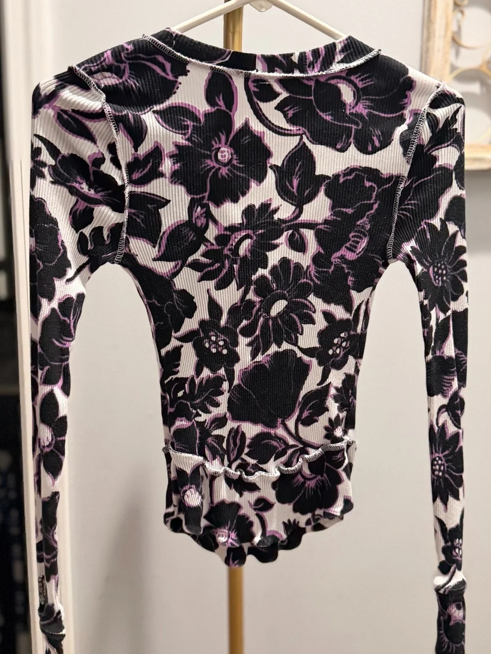 Free People Black & Pink Floral Ribbed Henley Long Sleeve Top